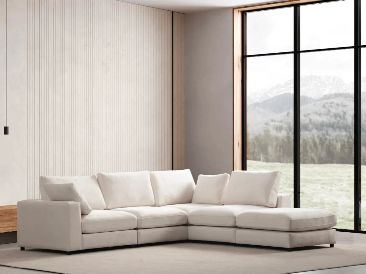 Canapé Julia Modulable Blanc Écru 4+1 Pouf - Velours