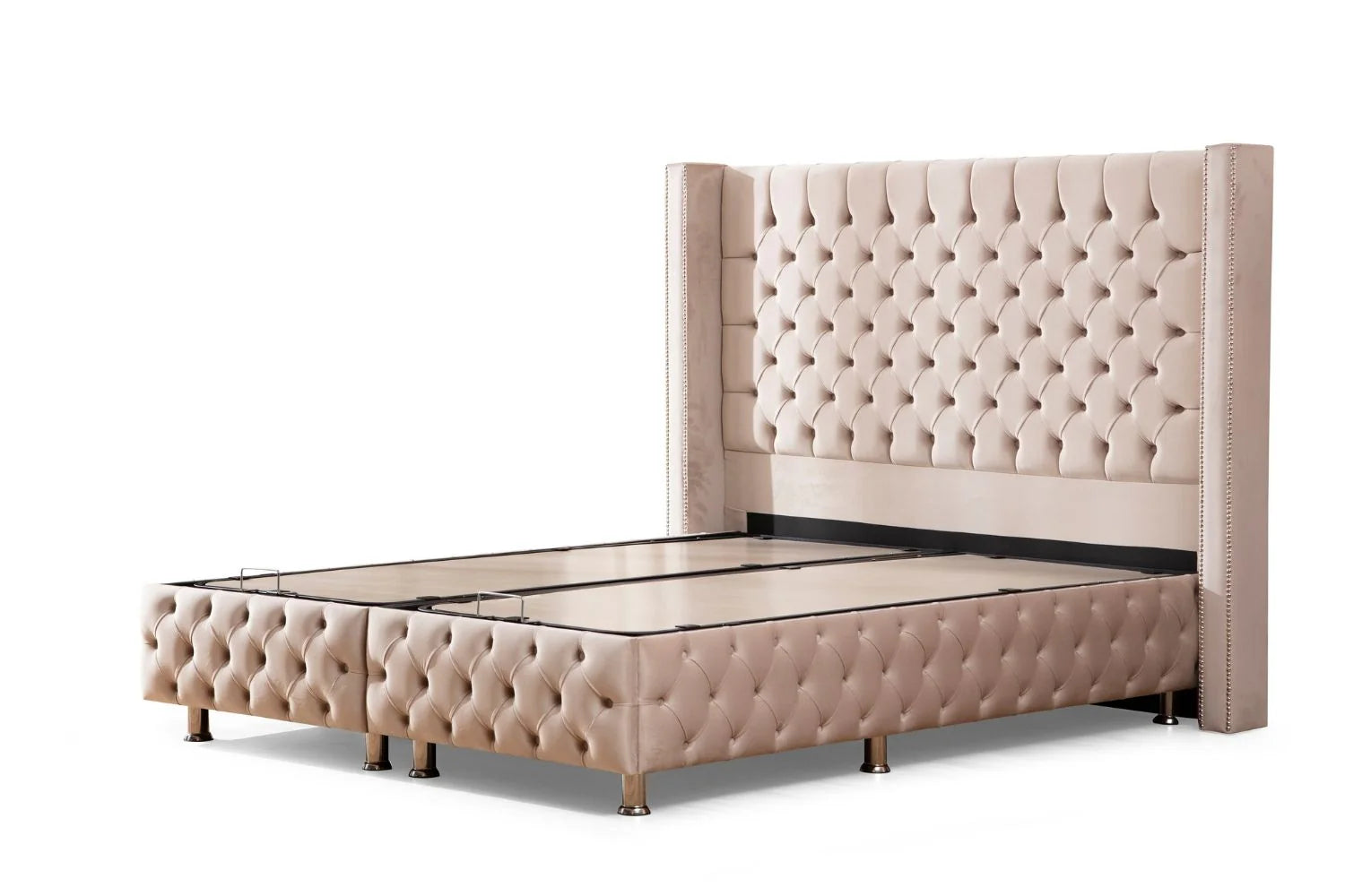 Lit Coffre Clouté Beige - Velours