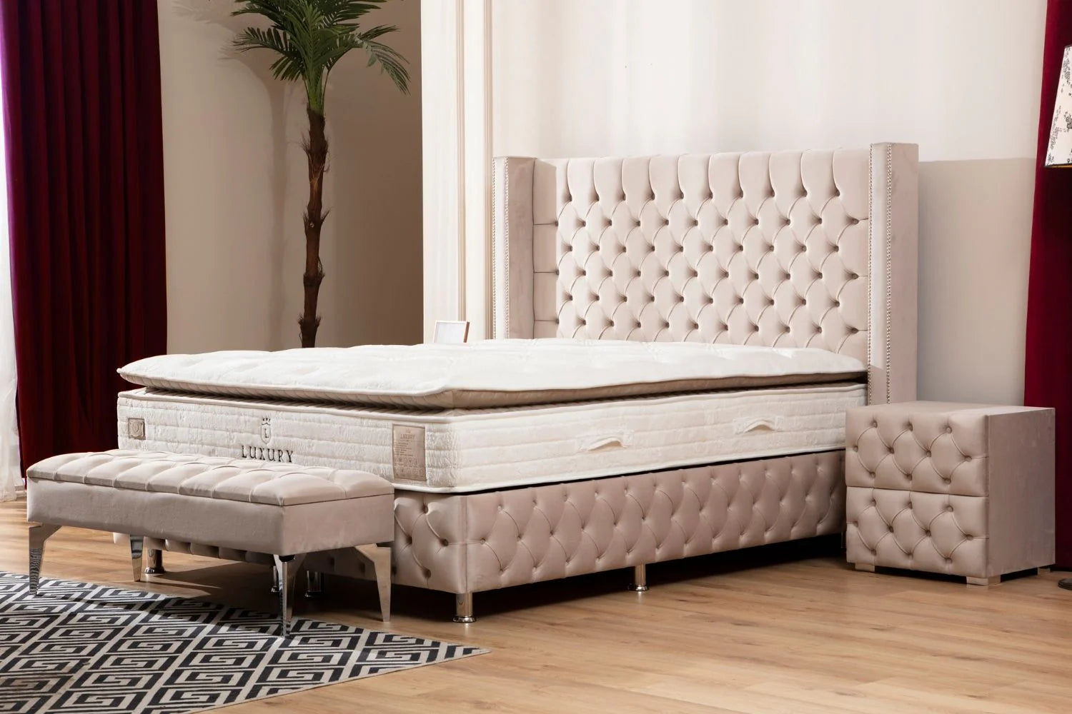 Lit Coffre Clouté Beige - Velours