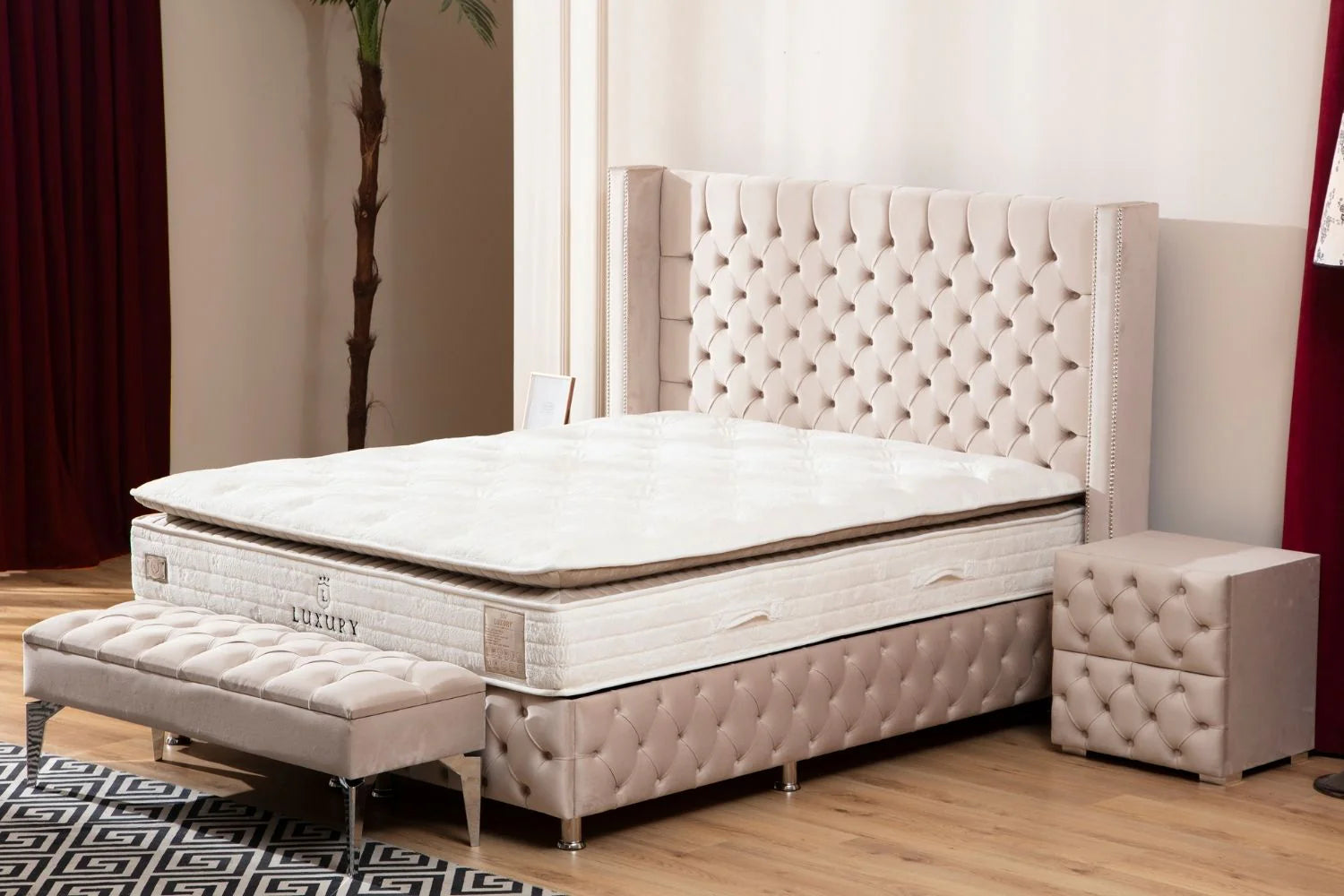 Lit Coffre Clouté Beige - Velours
