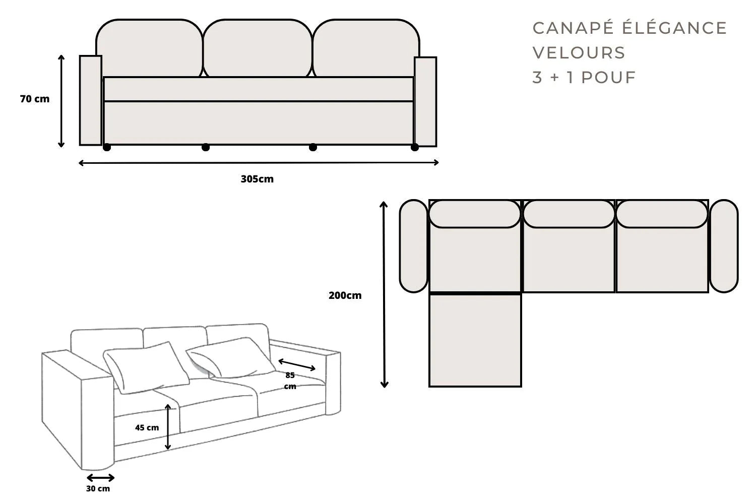 Canapé Élégance Modulable 3+1 Pouf - Velours