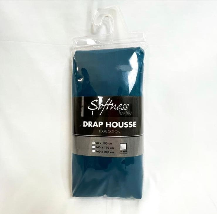 Drap housse 100% coton prune bleu canard